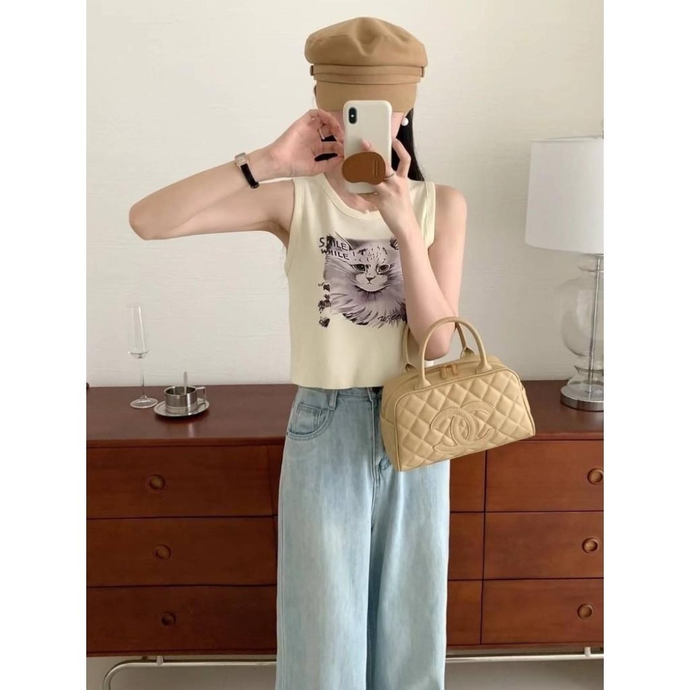 (A334)貓咪印花無袖針織短版上衣-3色-細節圖3