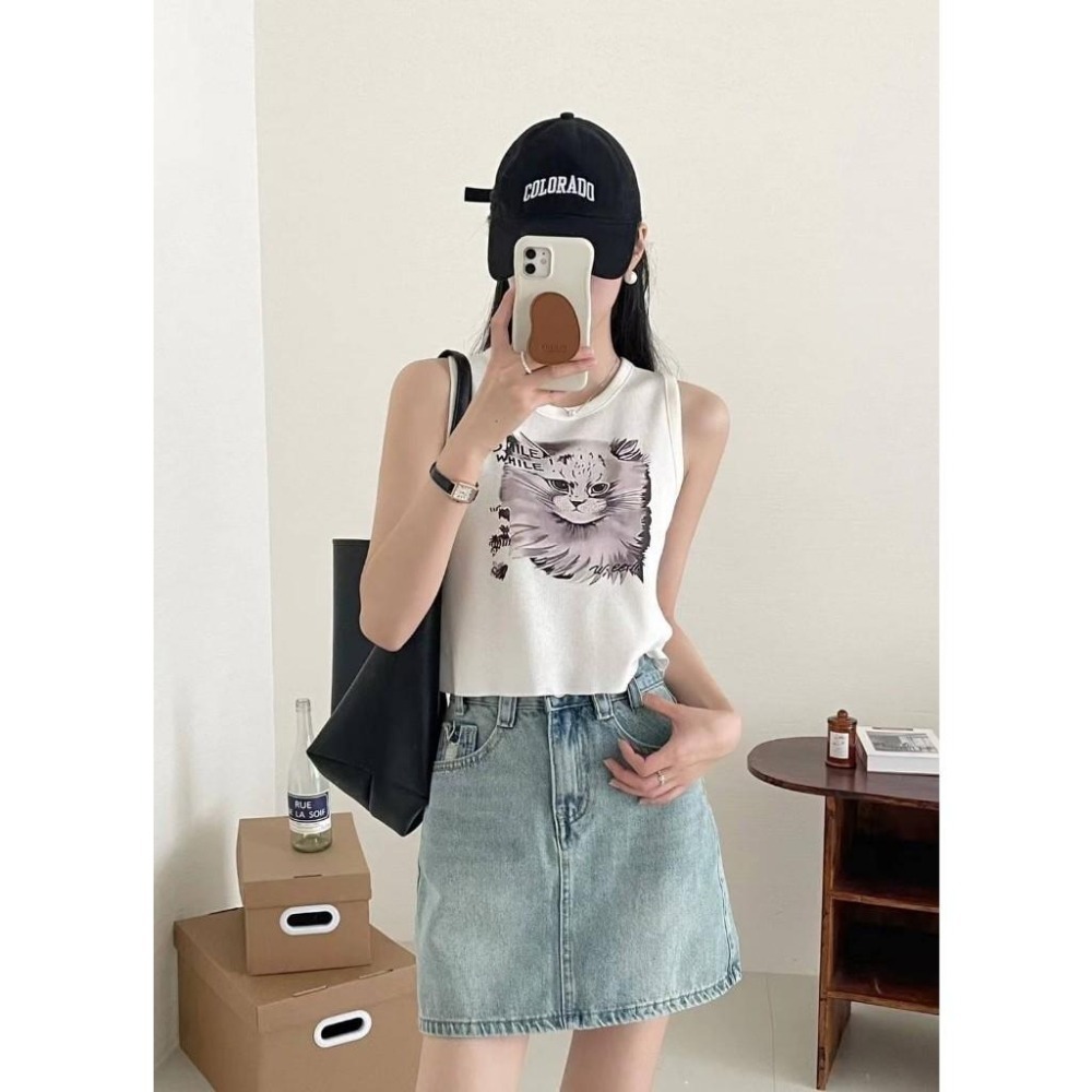 (A334)貓咪印花無袖針織短版上衣-3色-細節圖5