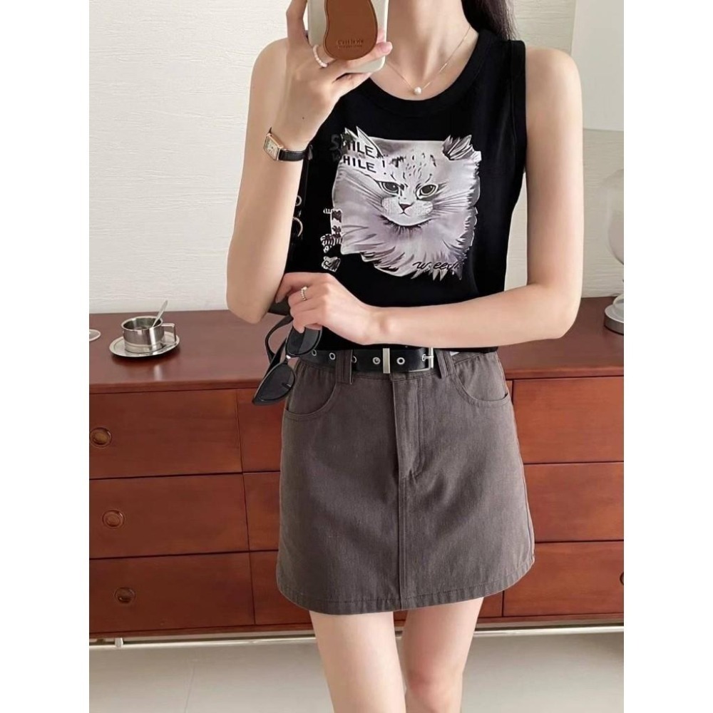 (A334)貓咪印花無袖針織短版上衣-3色-細節圖6