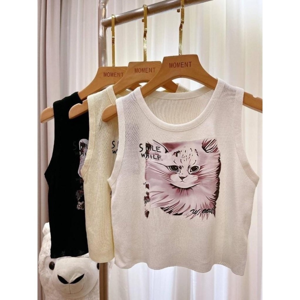 (A334)貓咪印花無袖針織短版上衣-3色-細節圖8