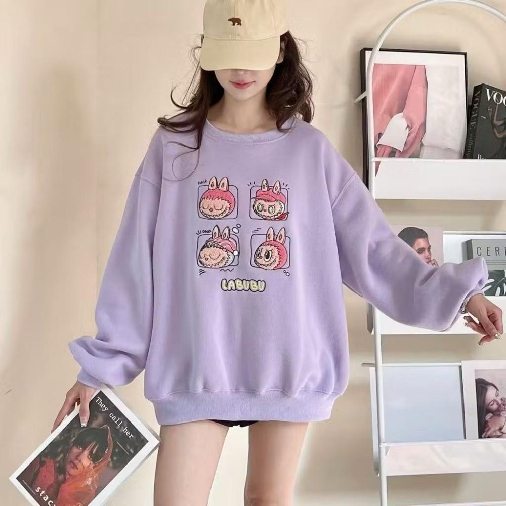 (A364)Labubu內刷毛長袖大學t-3色 保暖 長袖上衣 卡通上衣-細節圖2