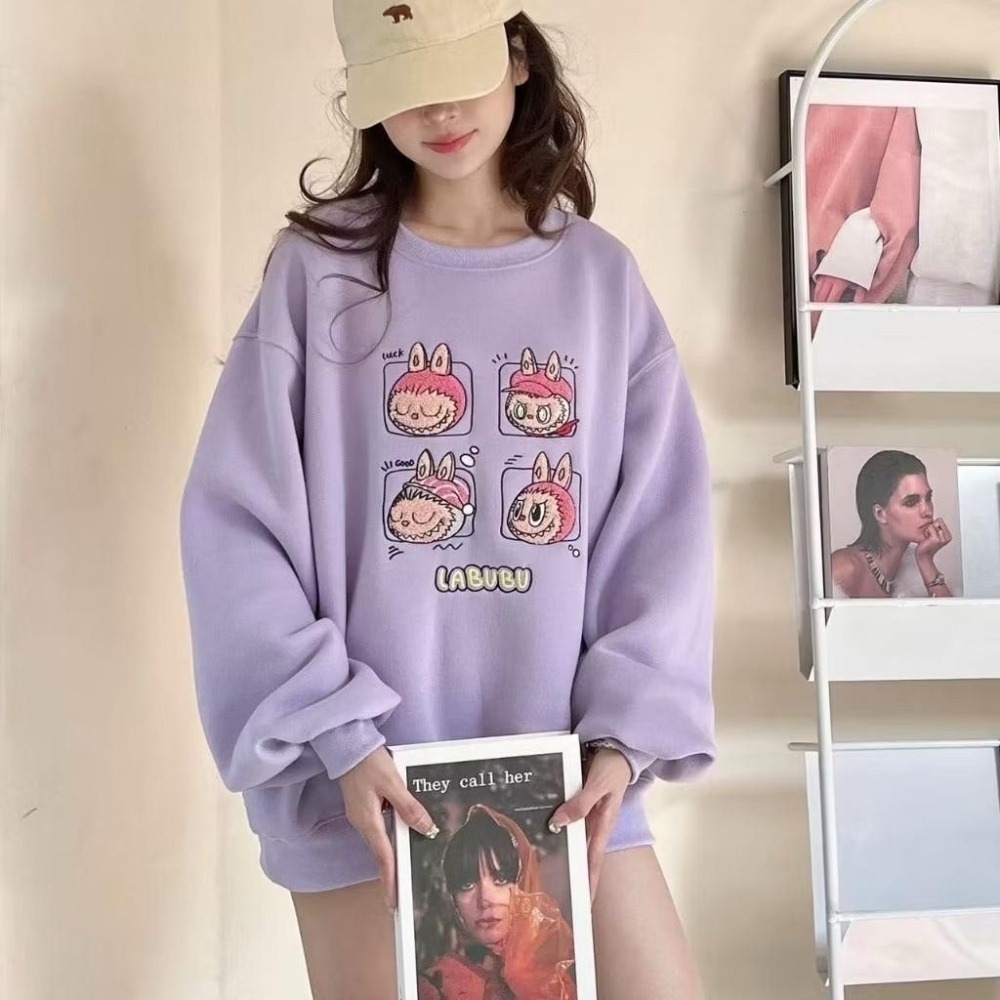 (A364)Labubu內刷毛長袖大學t-3色 保暖 長袖上衣 卡通上衣-細節圖3