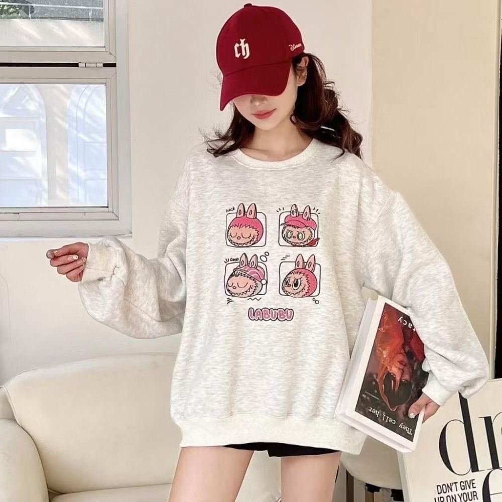 (A364)Labubu內刷毛長袖大學t-3色 保暖 長袖上衣 卡通上衣-細節圖4