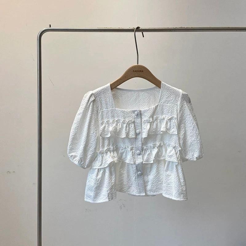 (A355)皺皺感公主袖短版上衣-2色 短袖上衣-細節圖5