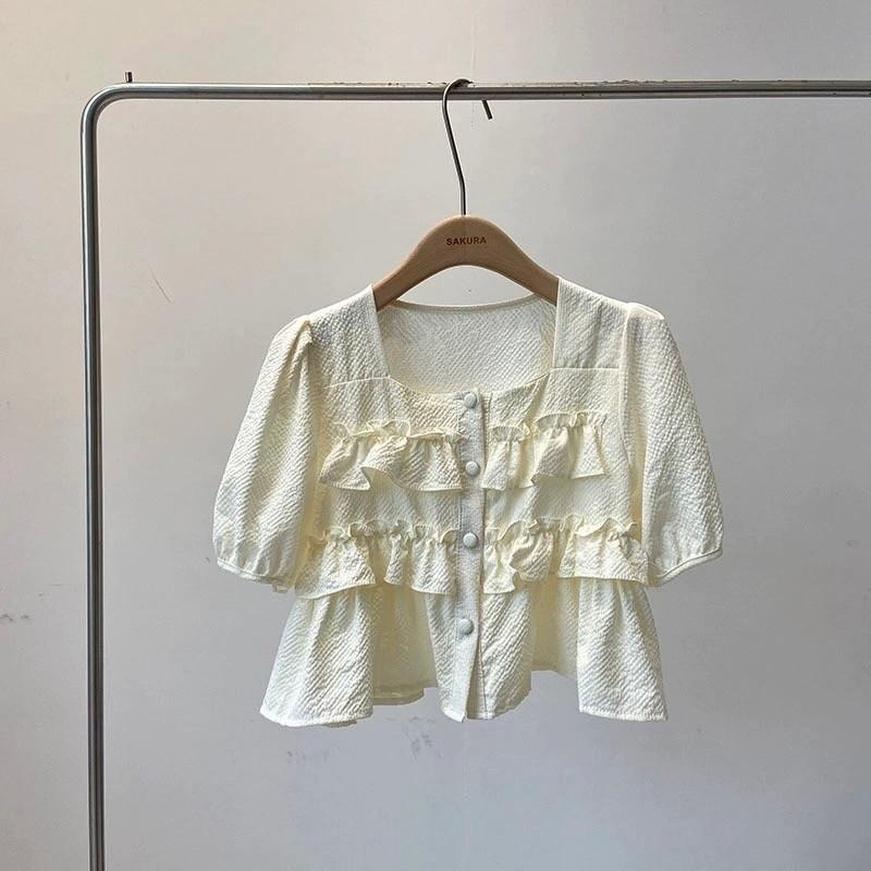 (A355)皺皺感公主袖短版上衣-2色 短袖上衣-細節圖6