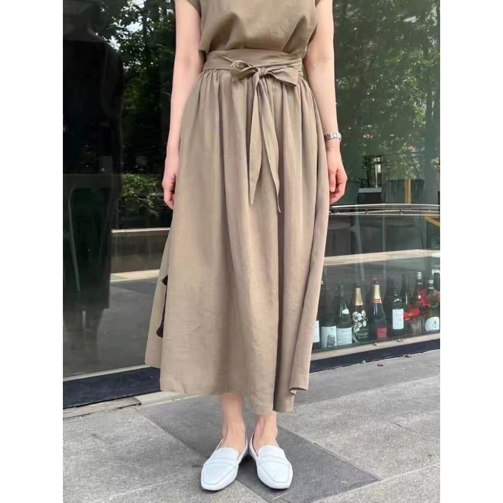 (A322)正韓-素面棉麻上衣+後鬆緊綁帶長裙套裝-2色-細節圖2