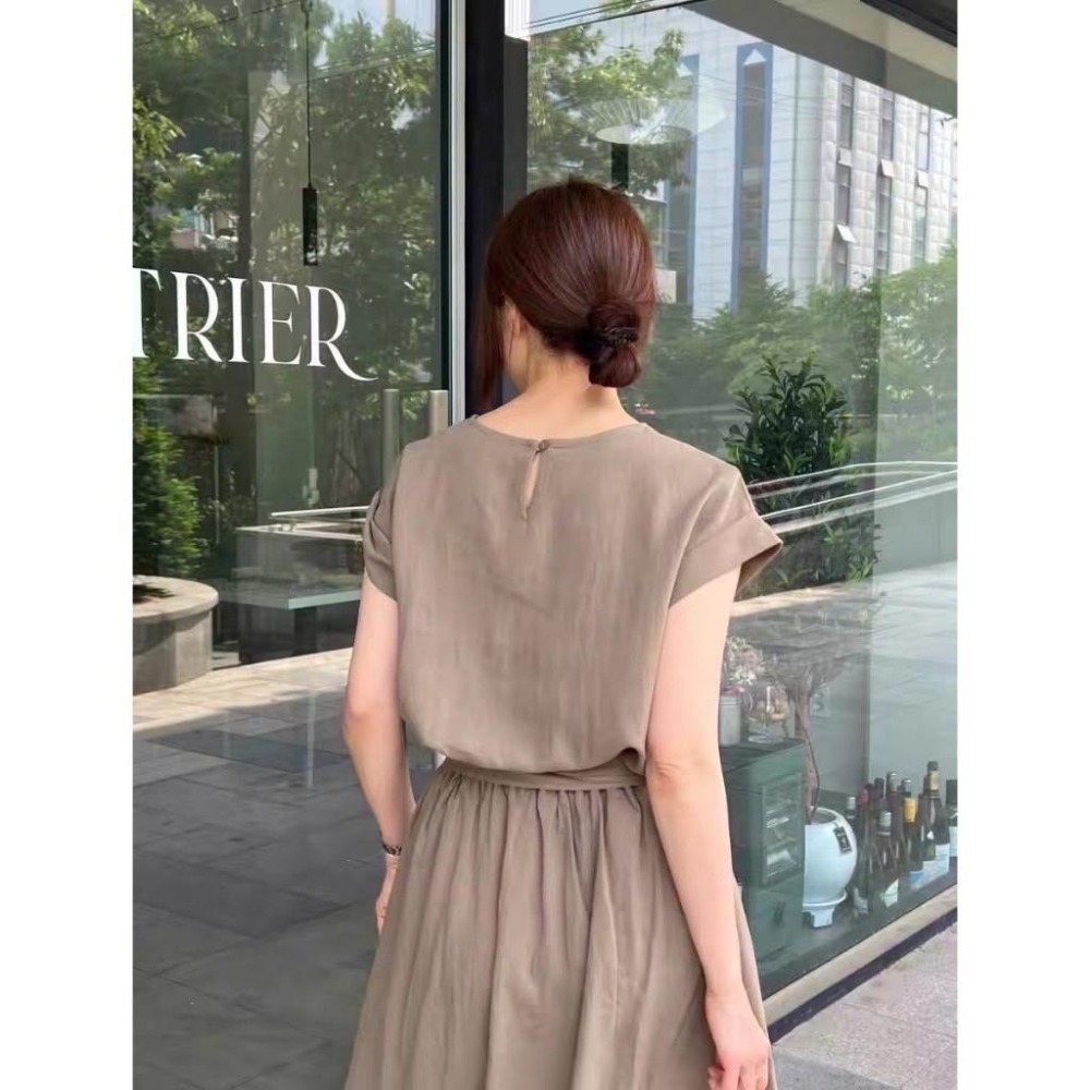 (A322)正韓-素面棉麻上衣+後鬆緊綁帶長裙套裝-2色-細節圖4