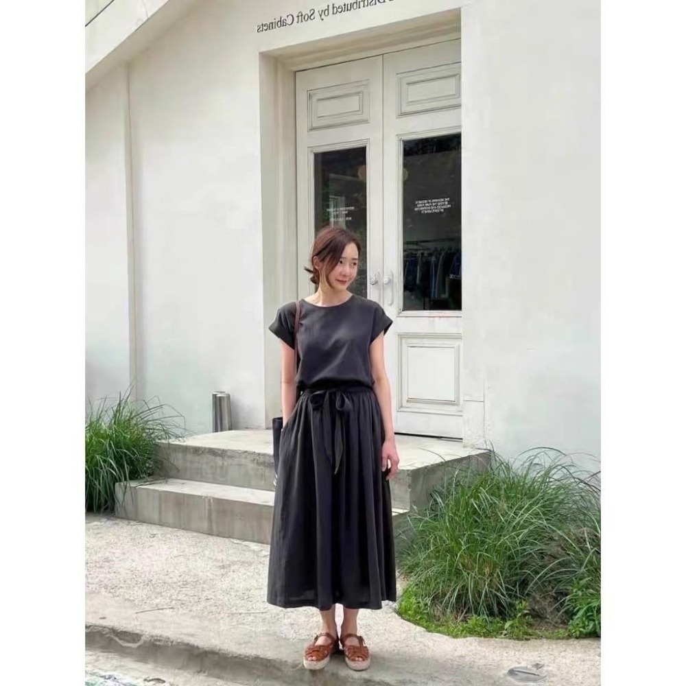 (A322)正韓-素面棉麻上衣+後鬆緊綁帶長裙套裝-2色-細節圖5