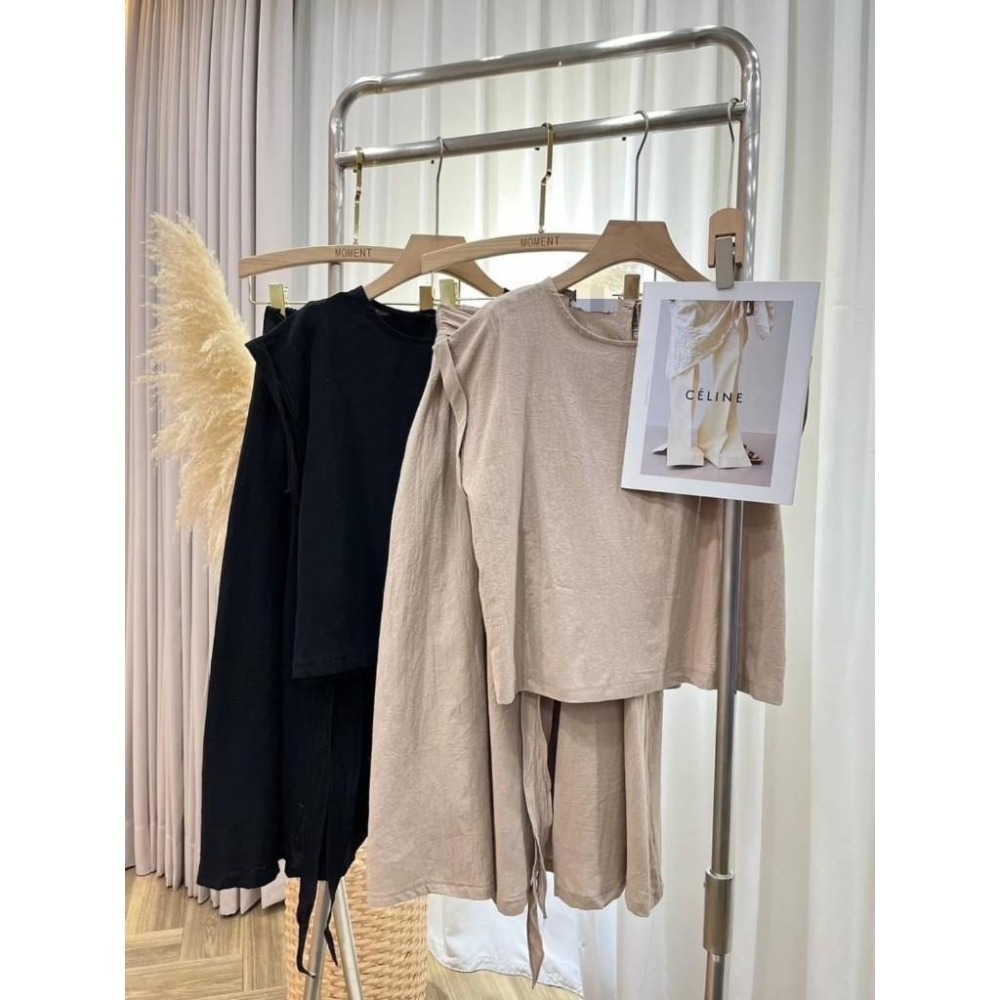 (A322)正韓-素面棉麻上衣+後鬆緊綁帶長裙套裝-2色-細節圖6