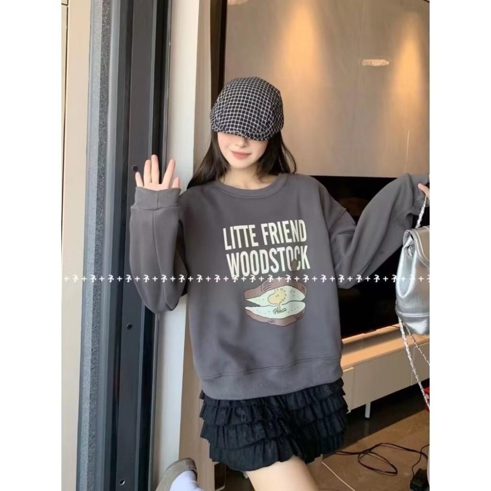 (A366)糊塗塌客印花圖案內刷絨長袖大學t-3色 保暖 長袖上衣-細節圖2