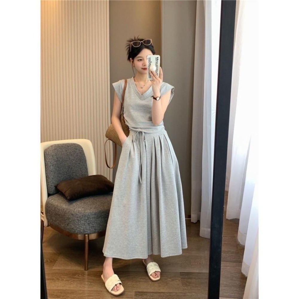 (A324)正韓-V領抓皺上衣+後鬆緊綁帶寬褲-3色-細節圖2