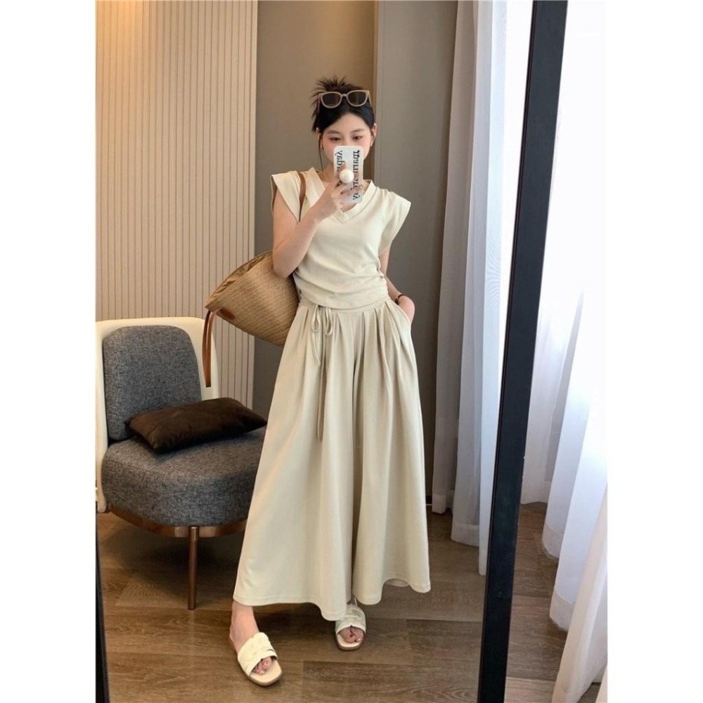 (A324)正韓-V領抓皺上衣+後鬆緊綁帶寬褲-3色-細節圖3