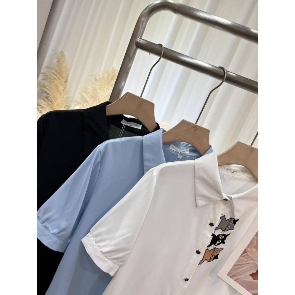 (A325)正韓-小貓刺繡雪紡日系短袖襯衫-3色-細節圖2