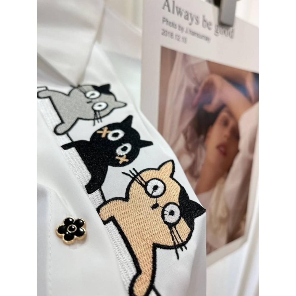 (A325)正韓-小貓刺繡雪紡日系短袖襯衫-3色-細節圖4