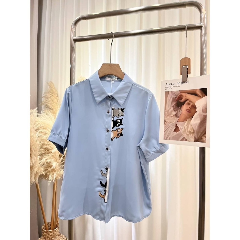 (A325)正韓-小貓刺繡雪紡日系短袖襯衫-3色-規格圖5