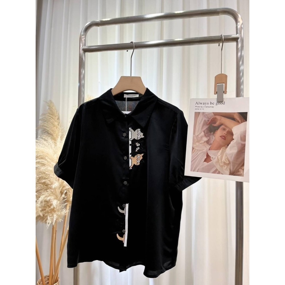 (A325)正韓-小貓刺繡雪紡日系短袖襯衫-3色-規格圖5