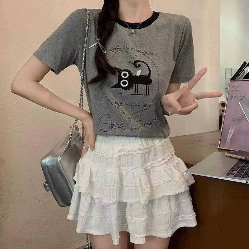 (A344)愛心貓咪冰絲棉短袖上衣-2色-細節圖2