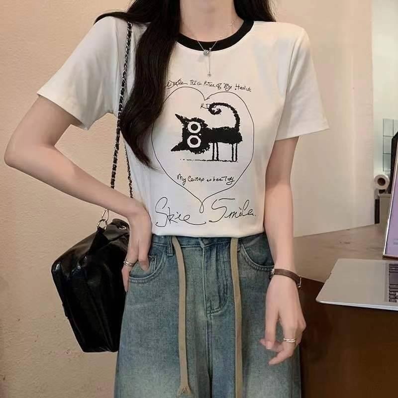 (A344)愛心貓咪冰絲棉短袖上衣-2色-細節圖3