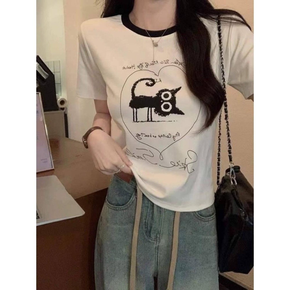 (A344)愛心貓咪冰絲棉短袖上衣-2色-細節圖4