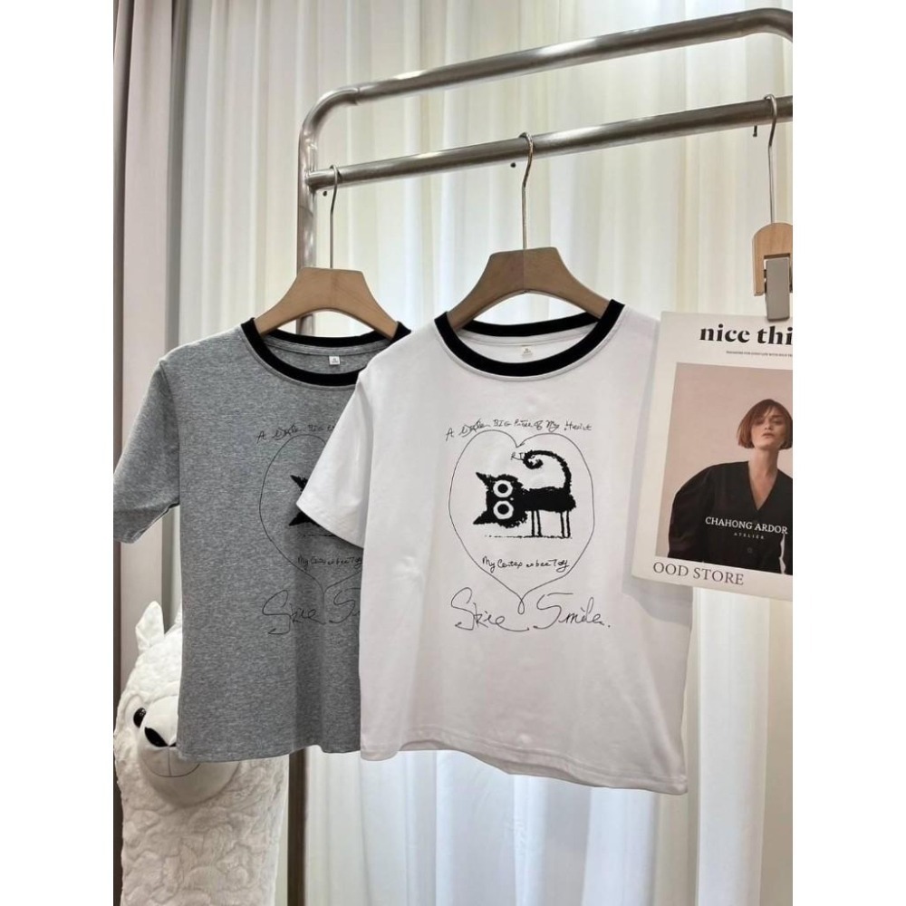 (A344)愛心貓咪冰絲棉短袖上衣-2色-細節圖5