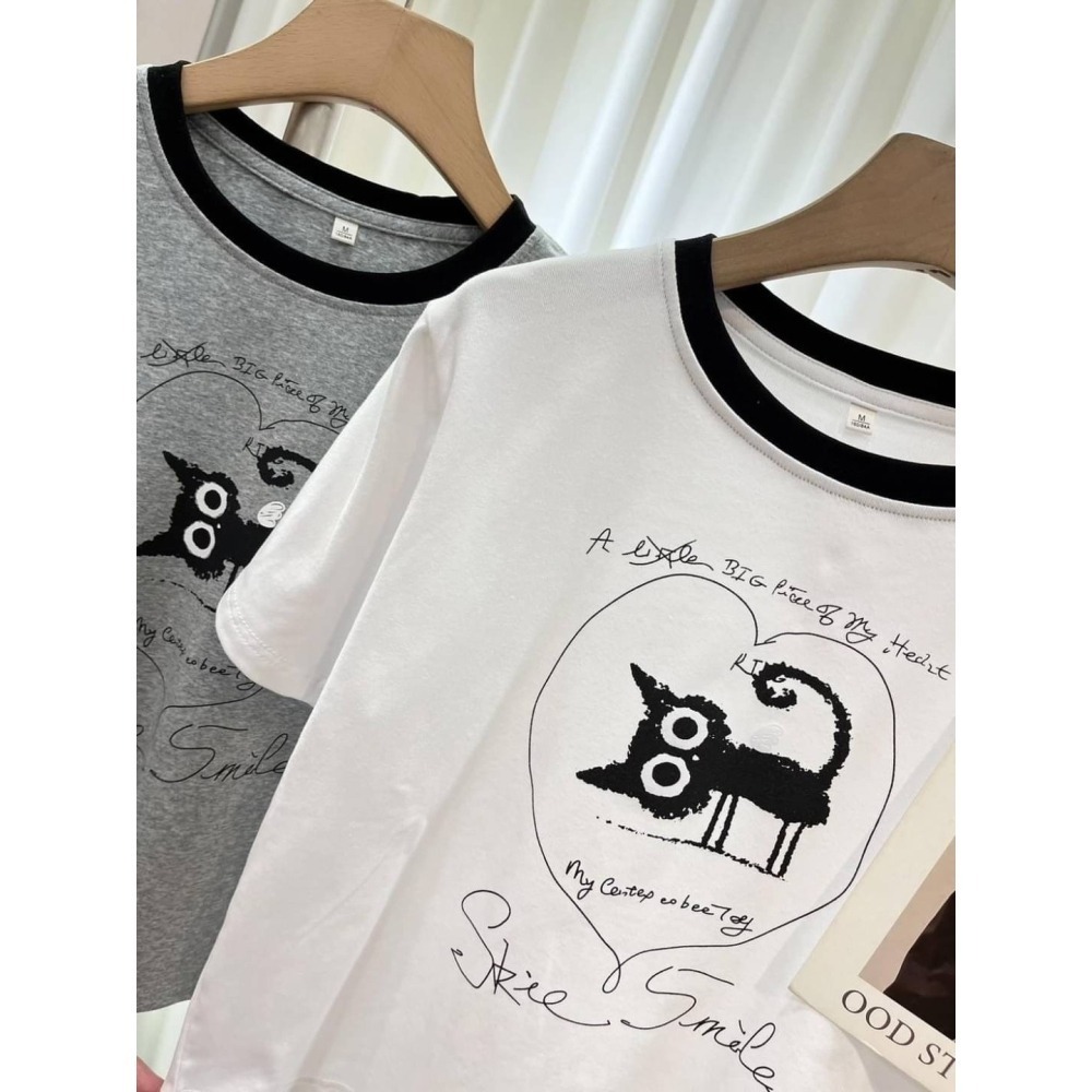 (A344)愛心貓咪冰絲棉短袖上衣-2色-細節圖6