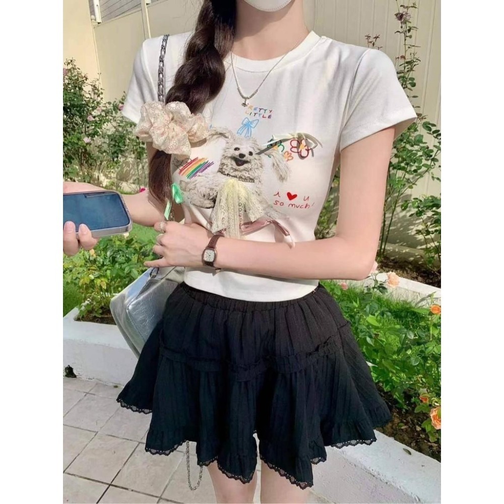 (A341)蝴蝶結狗狗短版墊肩上衣-2色-細節圖2