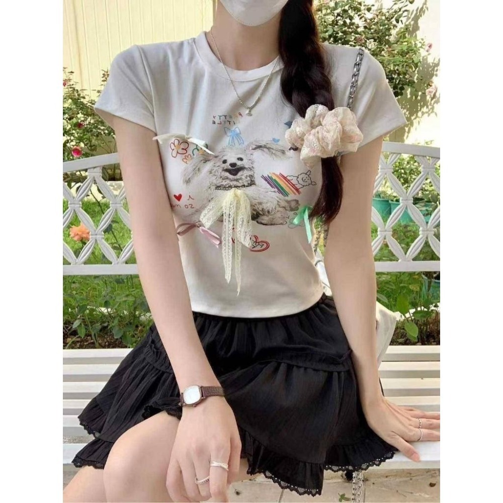 (A341)蝴蝶結狗狗短版墊肩上衣-2色-細節圖3