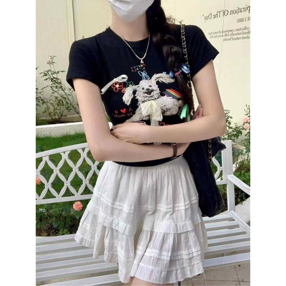 (A341)蝴蝶結狗狗短版墊肩上衣-2色-細節圖4