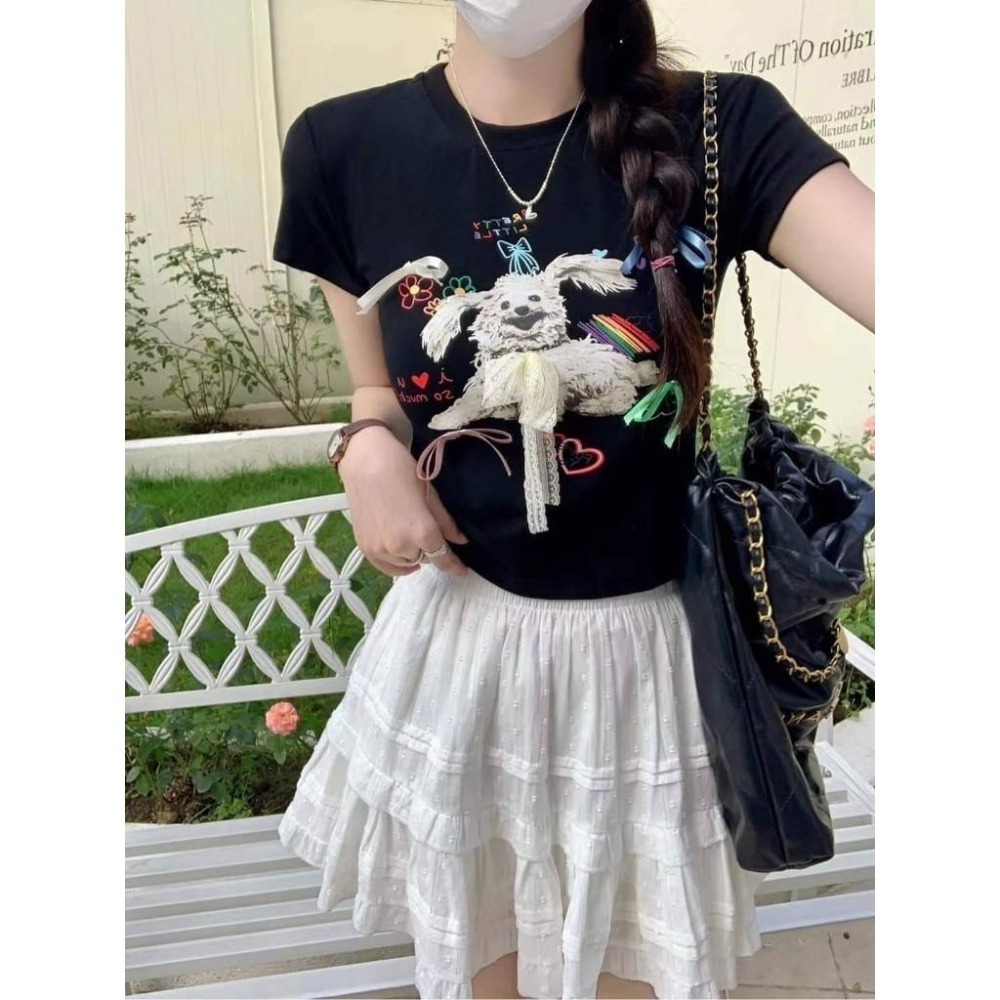 (A341)蝴蝶結狗狗短版墊肩上衣-2色-細節圖5