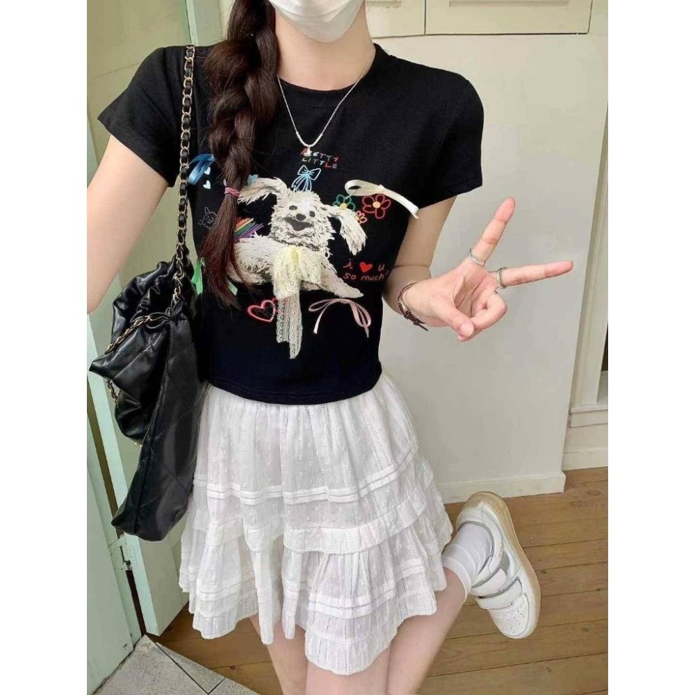 (A341)蝴蝶結狗狗短版墊肩上衣-2色-細節圖6