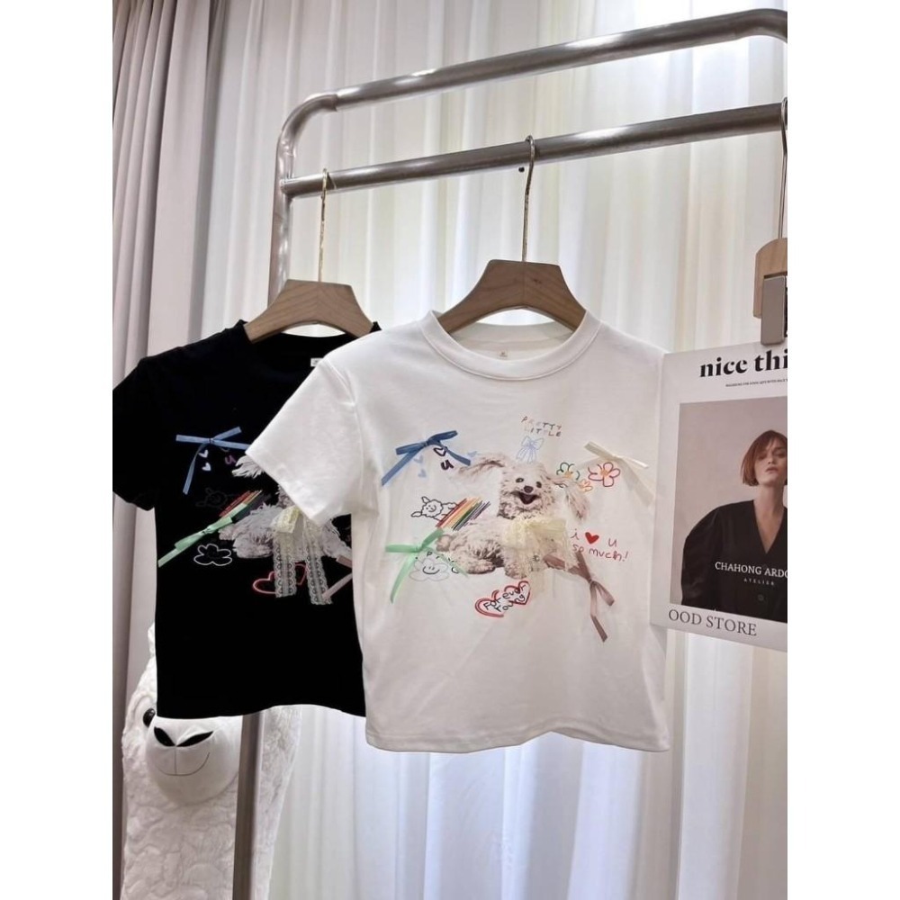 (A341)蝴蝶結狗狗短版墊肩上衣-2色-細節圖7