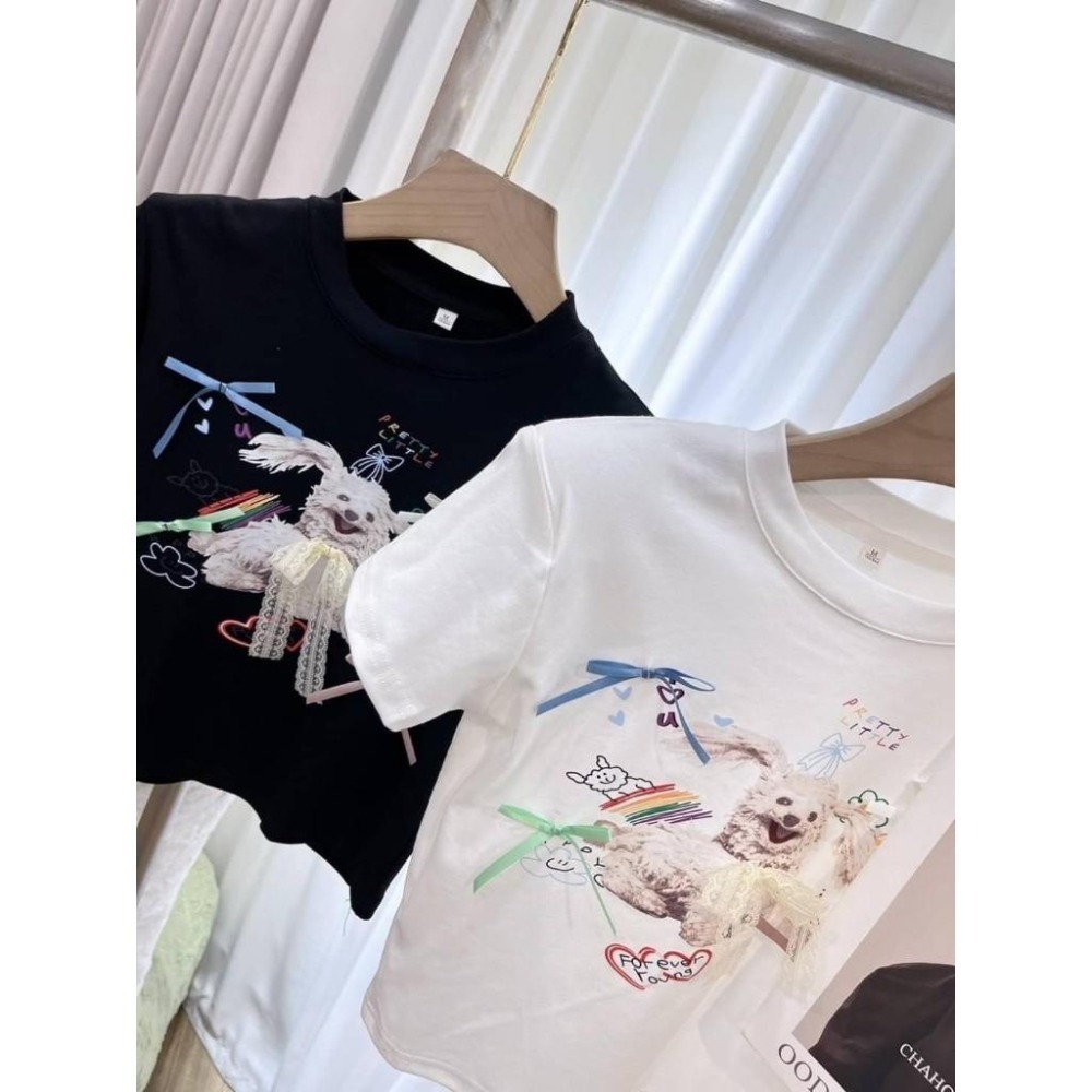 (A341)蝴蝶結狗狗短版墊肩上衣-2色-細節圖8