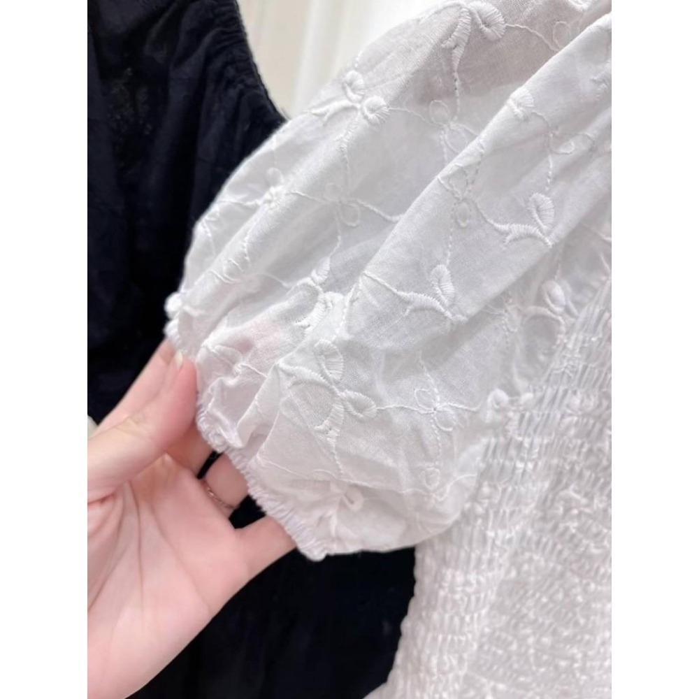 (A350)正韓 刺繡蝴蝶結皺皺感一字領上衣-2色-細節圖6