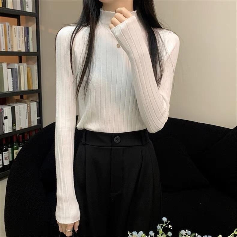 (A304)半高領木耳邊坑條針織內搭長袖上衣-5色 柔軟 花邊 長袖內搭-細節圖2