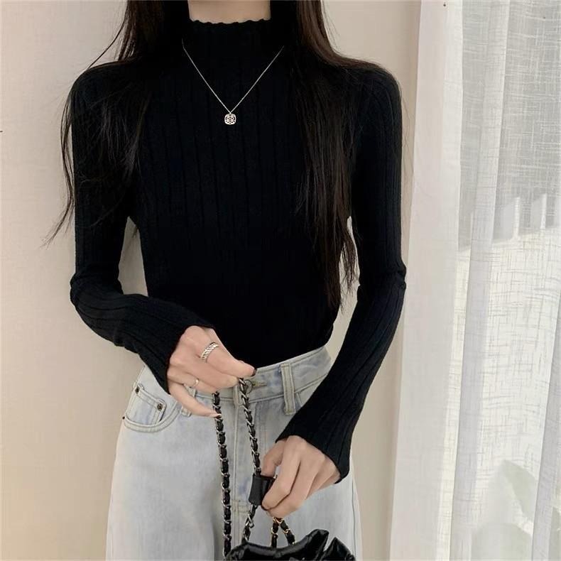 (A304)半高領木耳邊坑條針織內搭長袖上衣-5色 柔軟 花邊 長袖內搭-細節圖3