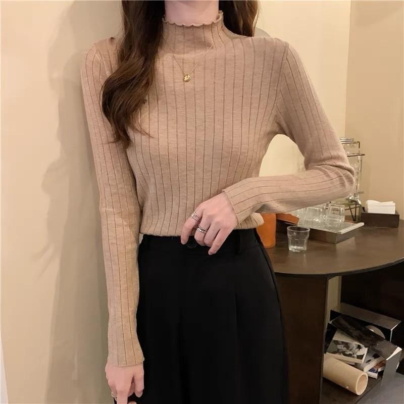 (A304)半高領木耳邊坑條針織內搭長袖上衣-5色 柔軟 花邊 長袖內搭-細節圖4