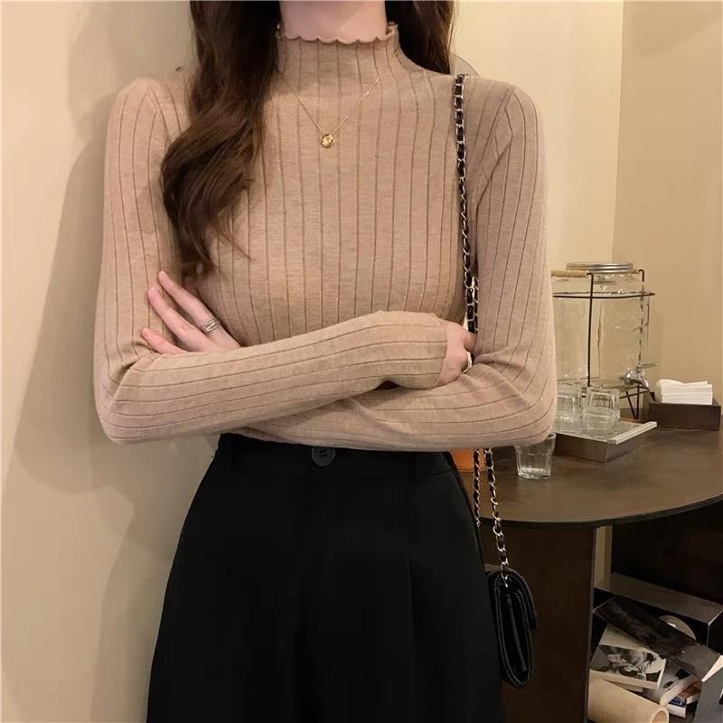 (A304)半高領木耳邊坑條針織內搭長袖上衣-5色 柔軟 花邊 長袖內搭-細節圖5