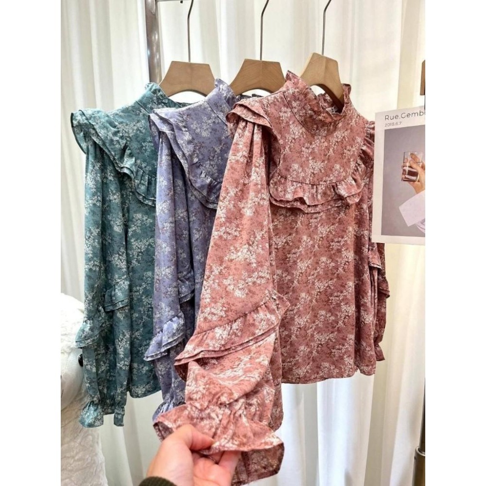 (A306)正韓 復古感荷葉領碎花雪紡上衣-3色 韓國 長袖上衣 長袖雪紡 秋冬-細節圖3