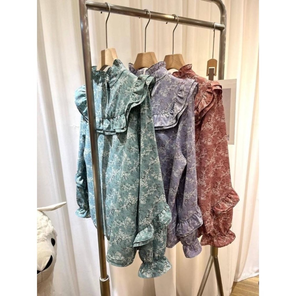 (A306)正韓 復古感荷葉領碎花雪紡上衣-3色 韓國 長袖上衣 長袖雪紡 秋冬-細節圖4