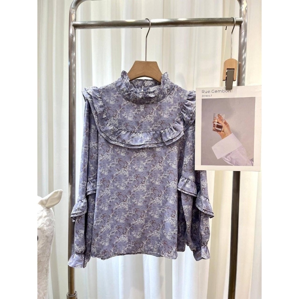 (A306)正韓 復古感荷葉領碎花雪紡上衣-3色 韓國 長袖上衣 長袖雪紡 秋冬-規格圖4