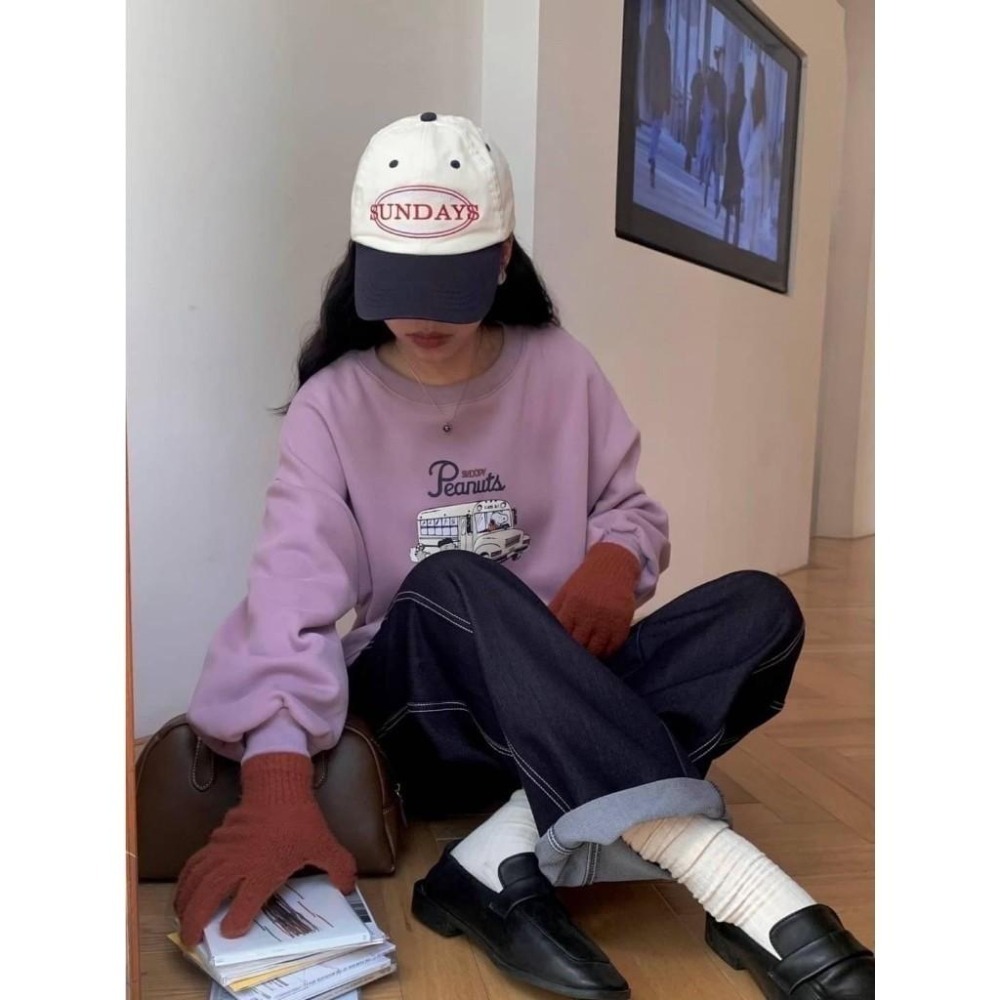(A315)Snoopy印花圖案內刷絨長袖大學t-2色 保暖 卡通 長袖上衣-細節圖2
