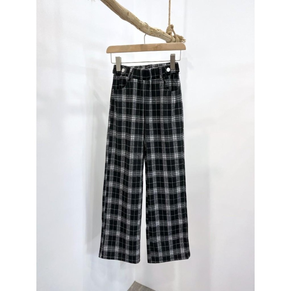 (D222)鬆緊磨毛格紋寬褲S-XL 長褲 休閒長褲-細節圖2