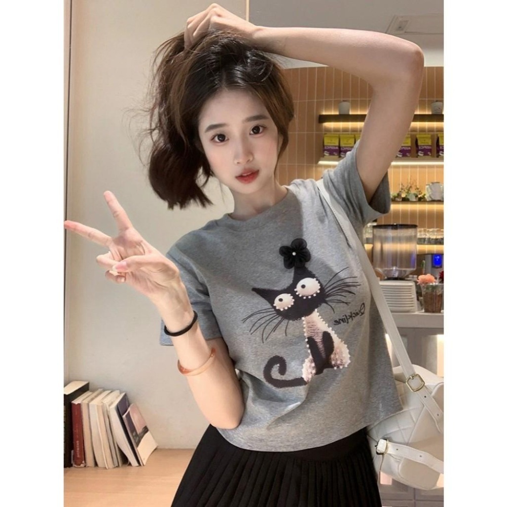 (A345)花朵貓咪短袖上衣-3色-細節圖3