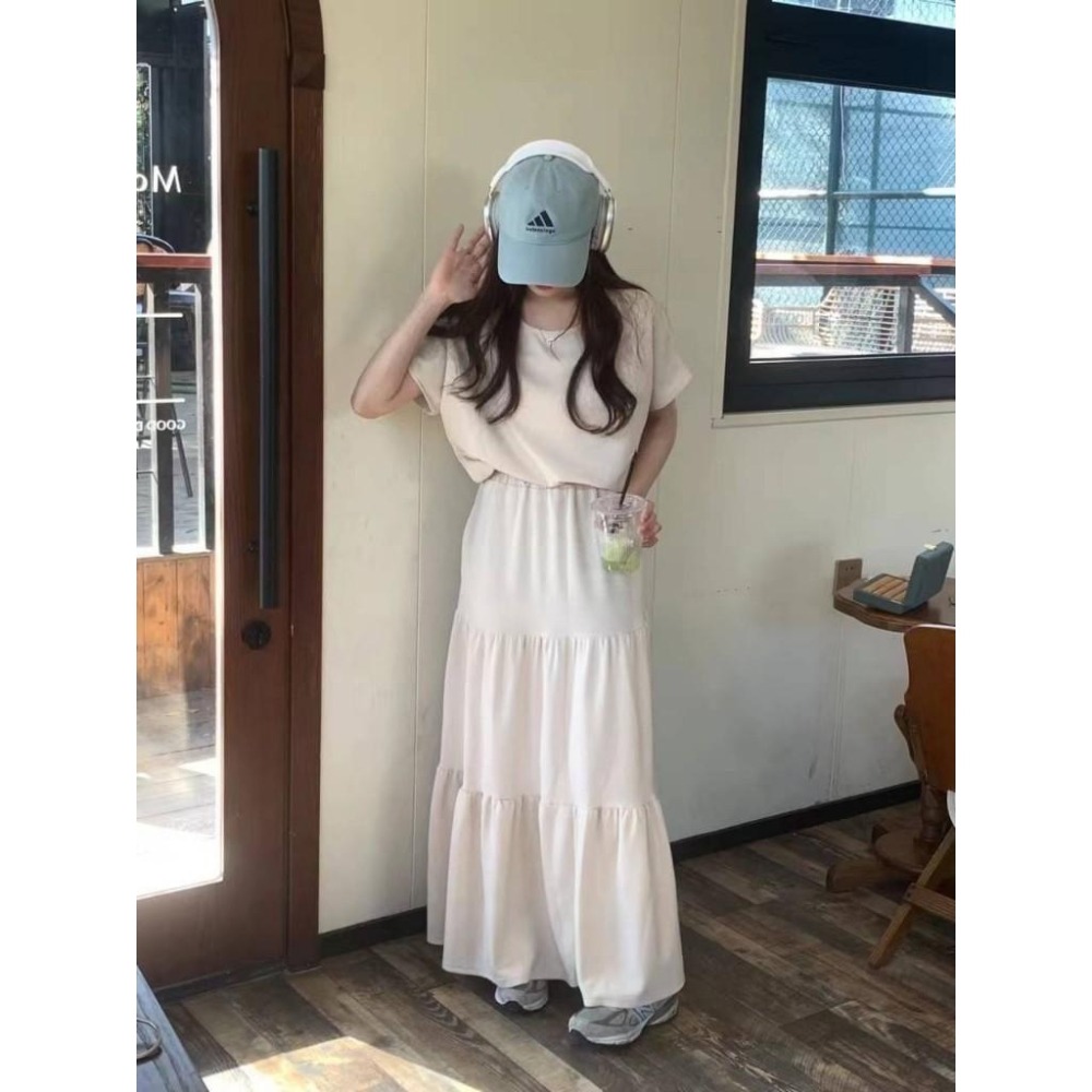 (A321)正韓-太空棉縮腰下擺短袖上衣+蛋糕長裙套裝-2色-細節圖2