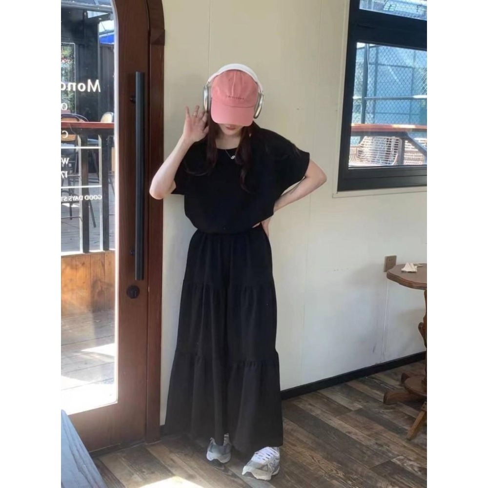 (A321)正韓-太空棉縮腰下擺短袖上衣+蛋糕長裙套裝-2色-細節圖3