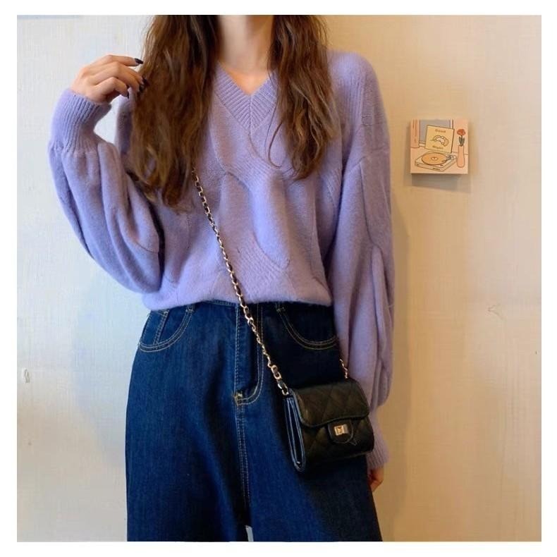 (A309)泡泡袖V領針織長袖上衣-4色 澎澎袖 短版針織 長袖短版 毛衣-細節圖2