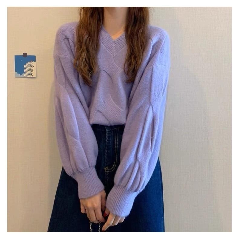 (A309)泡泡袖V領針織長袖上衣-4色 澎澎袖 短版針織 長袖短版 毛衣-細節圖3