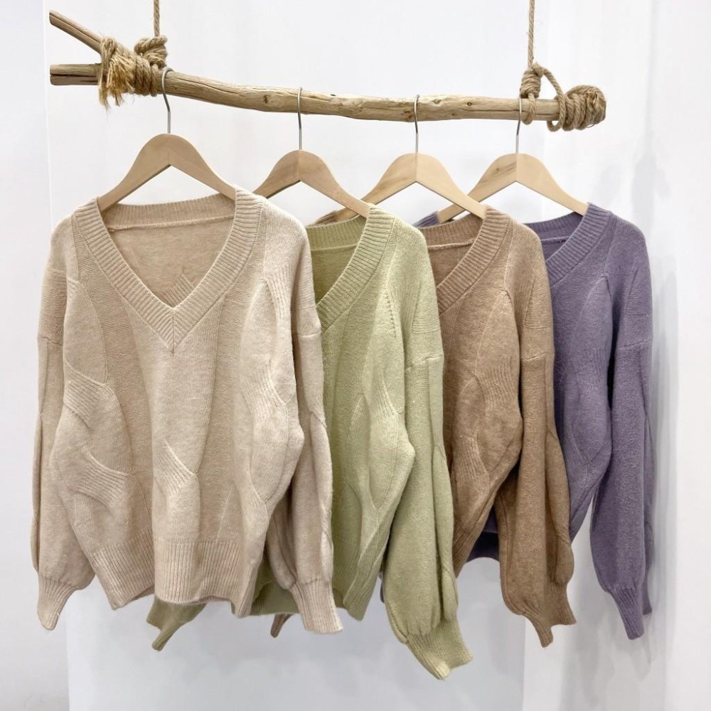 (A309)泡泡袖V領針織長袖上衣-4色 澎澎袖 短版針織 長袖短版 毛衣-細節圖4