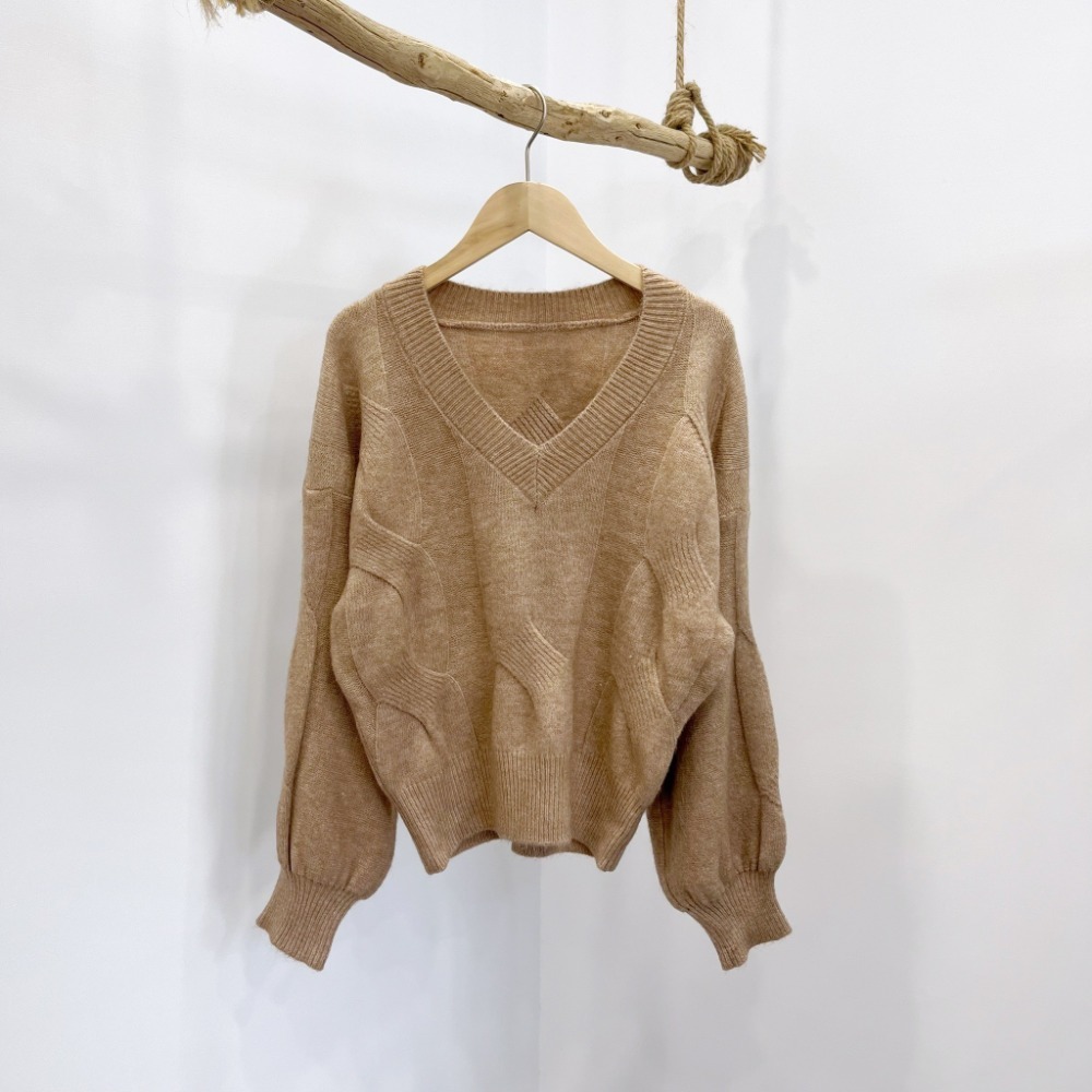 (A309)泡泡袖V領針織長袖上衣-4色 澎澎袖 短版針織 長袖短版 毛衣-規格圖7