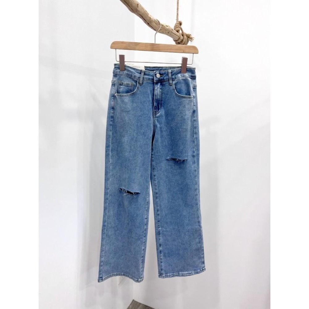 (D225)割破挺版牛仔寬褲S-L 牛仔褲 牛仔長褲-細節圖3